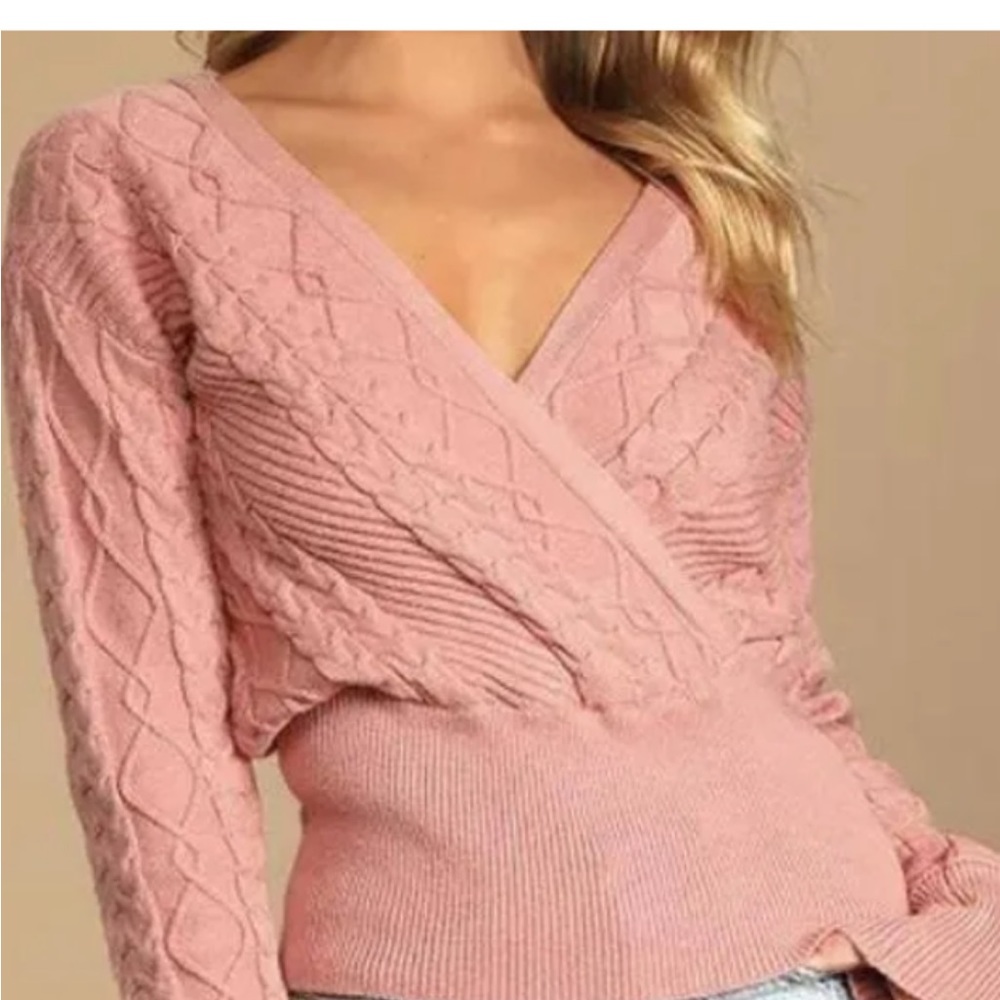 Lulus PINK GOT MY ATTENTION SURPLICE CABLE KNIT SWEATER - Women | Color: Pink| S